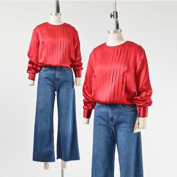 Vintage 80s Red Silk Satin Pleated Blouse size M L - Picture 1 of 9